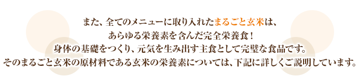 また、全てのメニューに取り入れたまるごと玄米は、あらゆる栄養素を含んだ完全栄養食。身体の基礎をつくり、元気を生み出す主食として完璧な食品です。そのまるごと玄米の原材料である玄米の栄養素については、下記に詳しくご説明しています。